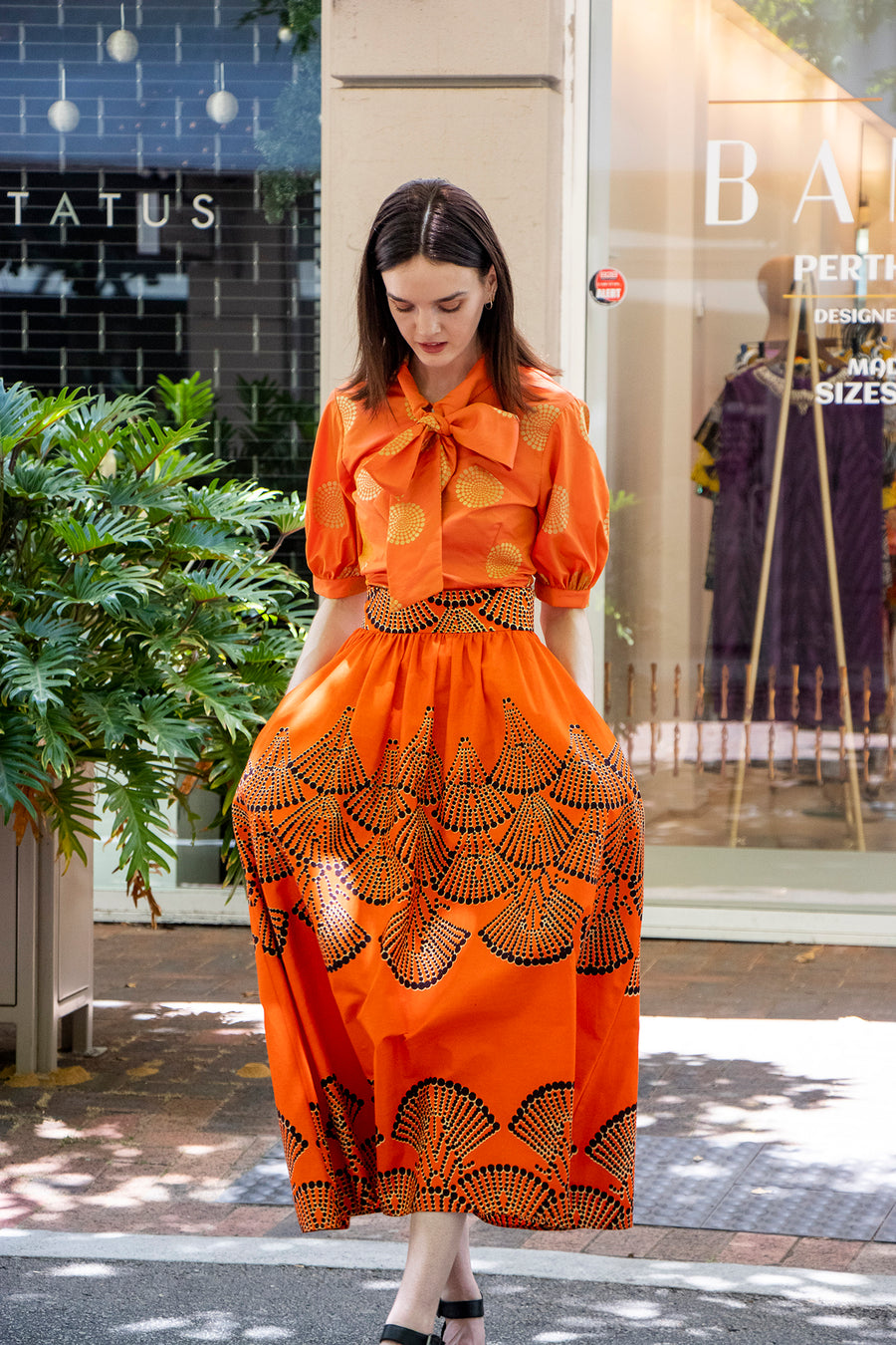 Orange cotton cheap maxi skirt